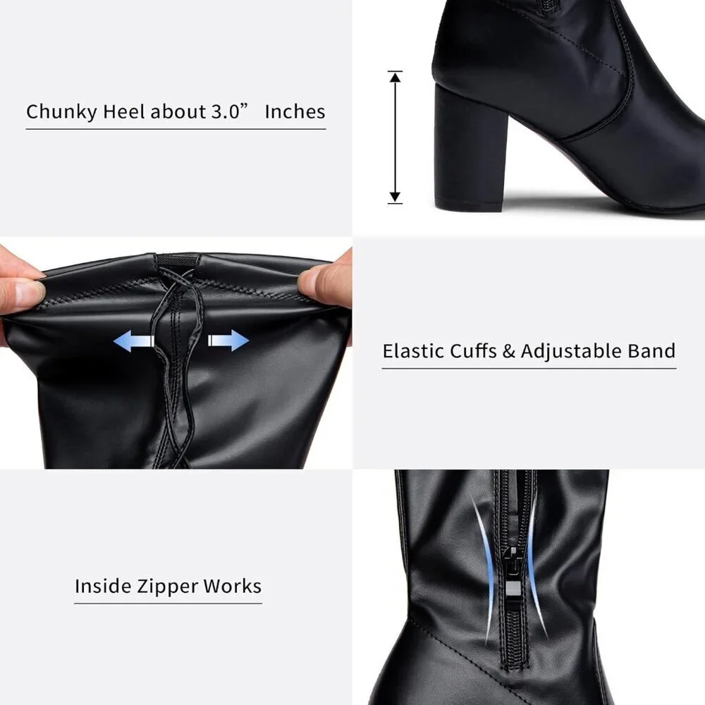 Women's Black Pu Suede Inner Zipper Thigh High Over The Knee High Heel Boots